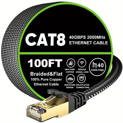 Cat 8 Flat Braided Ethernet Cable, 40Gbps, 2000MHz, 3 to 100 ft Lengths