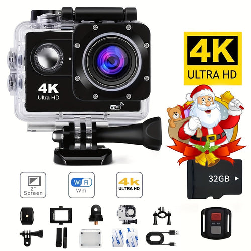Caméra d'action 4K Wi-Fi, objectif 170°, écran 2 po, carte 32 Go et télécommande