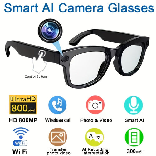 Lunettes intelligentes avec caméra 8MP 1080p, Bluetooth 5.4, Wi-Fi et haut-parleurs