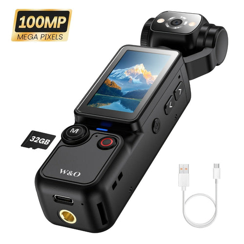 4K Pocket Camera with 180° Rotating Lens, 100MP, 1.9-Inch Screen, 32GB Card