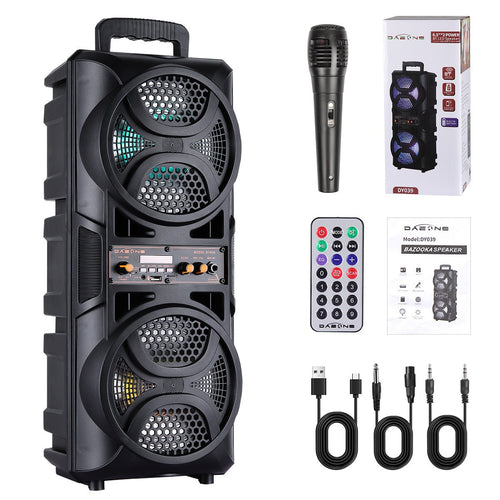 Portable PA Karaoke Speaker, Dual Woofers, RGB Lights, 1800mAh Battery, Wired Mic