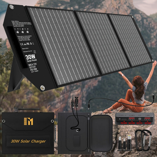 Panneau solaire pliable portatif 30, 60 ou 100 W – MC4 18 V, USB-C PD 18 W, 2 USB-A QC3.0