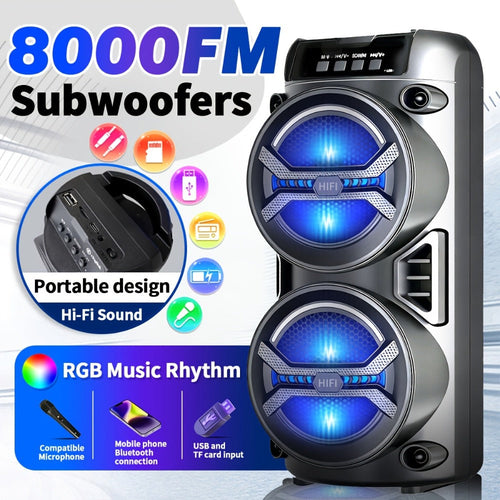 Haut-parleur Bluetooth portatif à deux haut-parleurs lumineux, TWS, FM, USB, AUX, TF