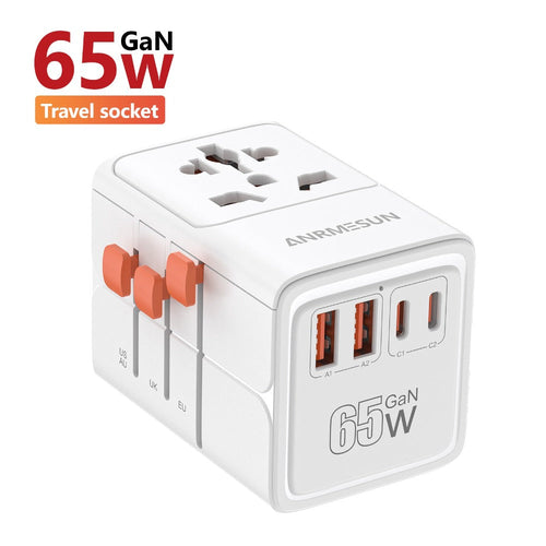 Adaptateur de voyage universel 65 W, 4 ports USB (2 USB-C, 2 USB-A), fiches US EU UK AU