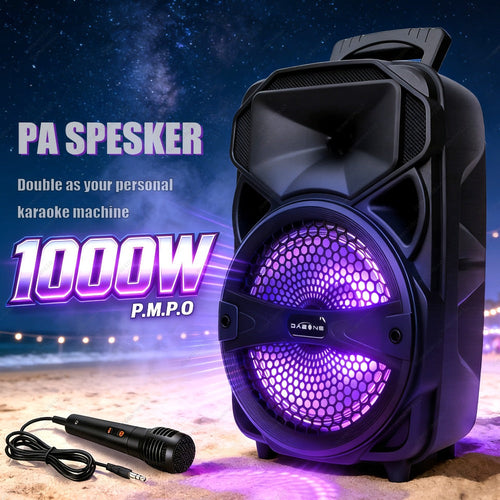 Machine karaoké 1000 W, haut-parleur de fête Bluetooth avec caisson de basses 8 po