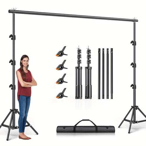 Support de toile de fond 8,5 x 10 pi, 2 supports réglables, 4 barres, 4 pinces et sac