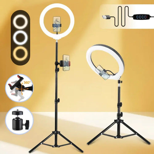 10- or 12-Inch USB Ring Light with Retractable Floor Tripod and Center Phone Holder