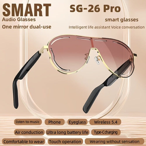 Stereo Smart Audio Glasses, Touch Control, Noise Reduction, USB-C, Pink