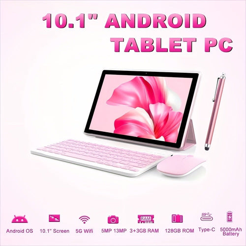 Tablette Android 2 en 1 de 10,1 po rose, 6 Go RAM, 128 Go, avec clavier, souris et étui