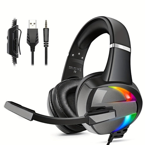 Casque de jeu filaire noir avec micro flexible, éclairage RVB et commandes sur le fil