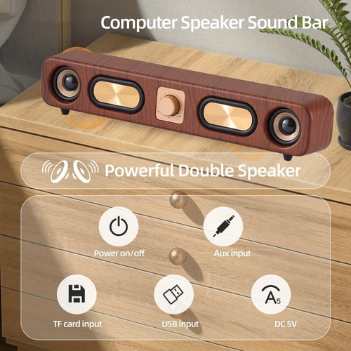 Barre de son Bluetooth de bureau rétro 10 W, 2 haut-parleurs 2 po, USB, AUX, carte TF