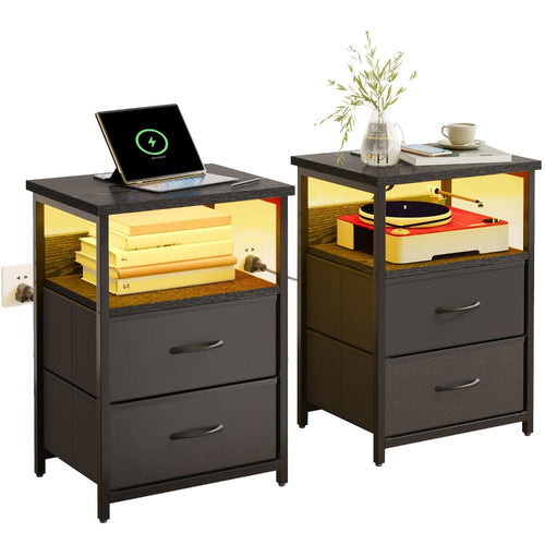 Table de chevet 2 tiroirs en tissu avec station de recharge et éclairage DEL