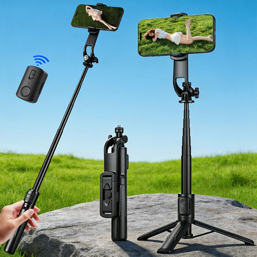 Black Selfie Stick Tripod with Rotating Phone Clamp and Detachable Remote