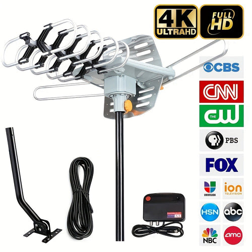 Amplified Outdoor TV Antenna, Motorized 360° Rotation, UHF/VHF, Wireless Remote