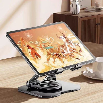 Black Rotating Metal Tablet Stand with Folding Base and Adjustable Angle