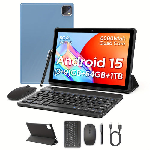 10.1-Inch Android 15 Tablet, WiFi 6, 64GB, 6000mAh Battery, with Case or Keyboard