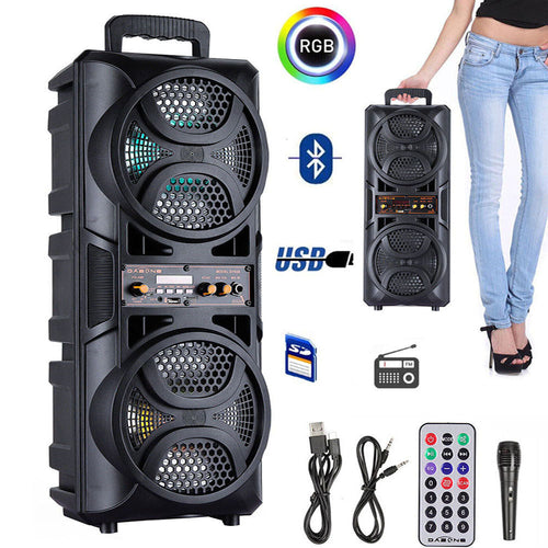 Dual 6.5-Inch Karaoke Trolley Bluetooth Speaker with Wired Microphone and LED Lights