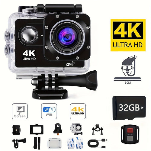 Caméra d'action sport 4K Wi-Fi grand-angle 170°, télécommande, carte 32 Go et fixation casque