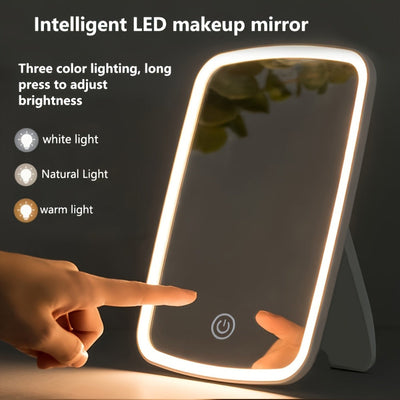Miroir de maquillage DEL pliable portatif, 3 couleurs de lumière, rechargeable USB