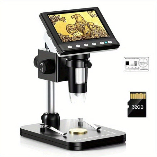 Digital Microscope with 4.3-Inch IPS Screen, 8 LEDs, 32GB Card and Adjustable Stand