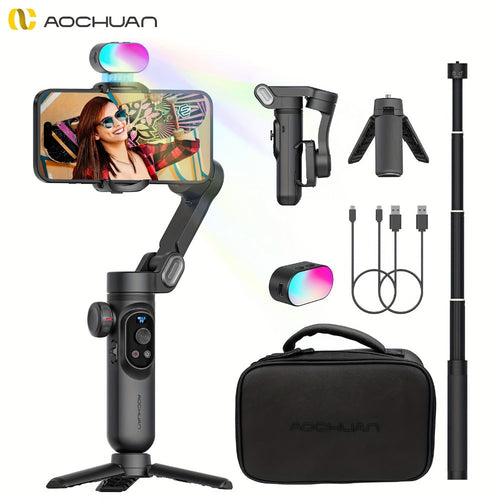Stabilisateur cardan 3 axes pour téléphone avec lumière RGB et perche extensible