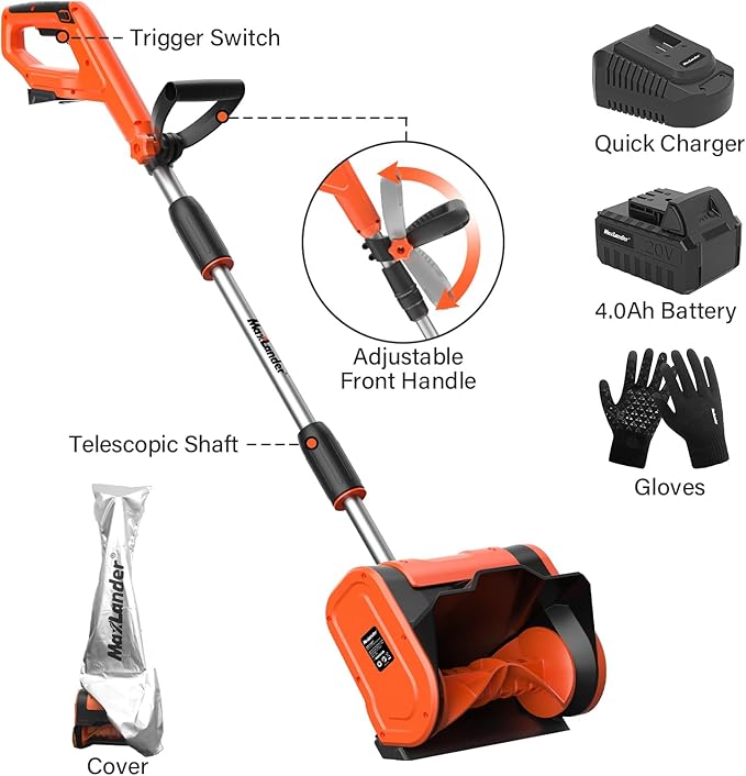 Fraise à Neige Sans Fil 21V 30cm - Pelle à Neige Pliable Avec 2 Batteries 2.0Ah - Moteur Sans Balais - Projection 8.5m