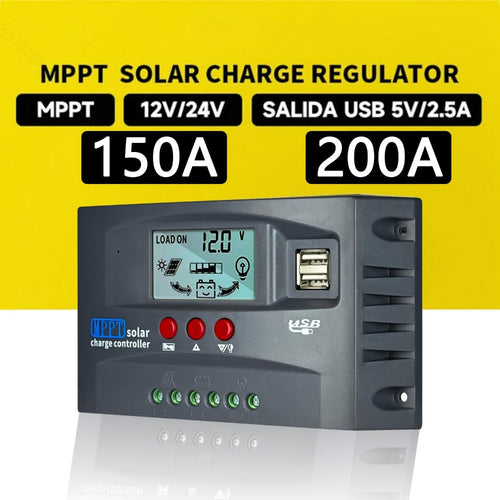 Régulateur de charge solaire MPPT 12/24 V 150 A ou 200 A, écran ACL, 2 ports USB et minuterie
