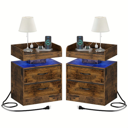 Table de chevet en bois avec éclairage DEL bleu, station de recharge et tiroir