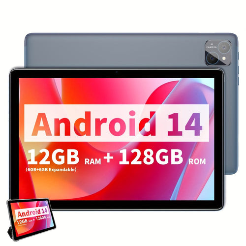 10.1-Inch Android 14 Tablet, 12GB Memory, 128GB Storage, Dual SIM and Case