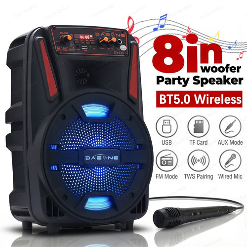 8-Inch Bluetooth Party Speaker with LED Lights and Wired Mic – TWS, Bass Boost, FM Radio