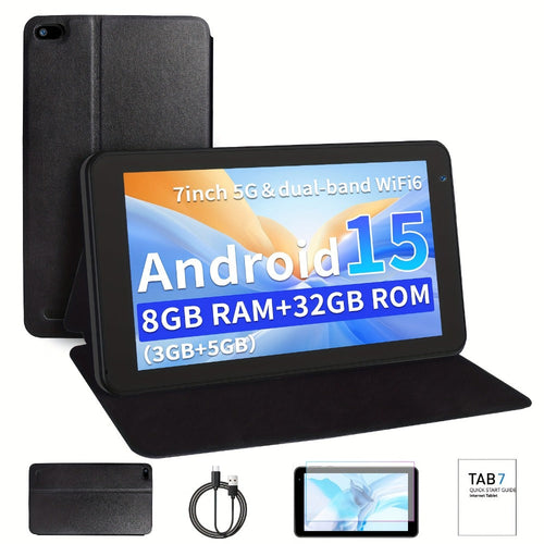 Tablette 7 po Android 15, 8 Go de mémoire, 32 Go, Wi-Fi 6 double bande, étui en option