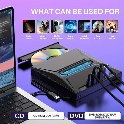 8-in-1 External CD/DVD Burner, USB 3.0 & USB-C with 3-Port USB Hub