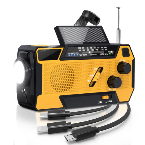 Radio d'urgence AM/FM/météo 2000 mAh, câbles intégrés, panneau solaire et manivelle