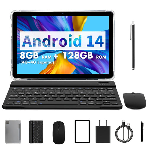 Tablette Android 14 de 10,1 po 2-en-1, 128 Go, avec clavier, souris, stylet et étui