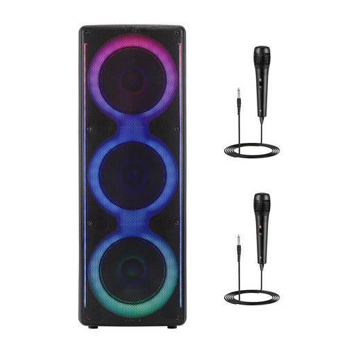 Haut-parleur de fête triple caisson de basses, jumelage stéréo, lumières DEL et radio FM