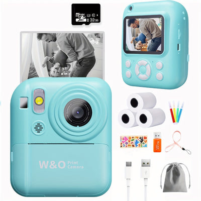 Appareil photo instantané pour enfants 1080p, écran 2,4 po, 3 rouleaux, carte 32 Go