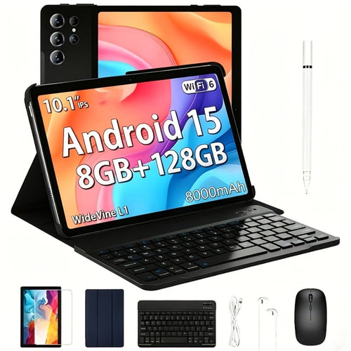 Tablette 2 en 1 Android 15 de 10,1 po avec clavier, 8 Go RAM, 128 Go, 8000 mAh