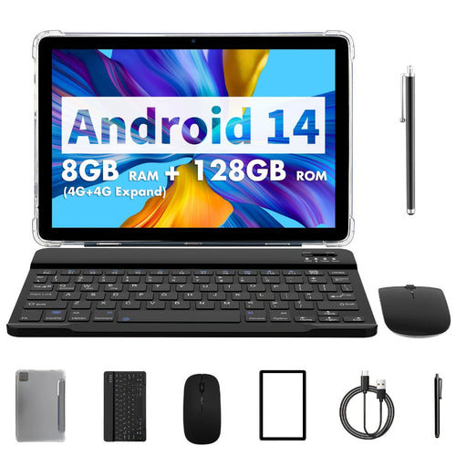 10.1-Inch Android 14 Tablet, 8GB RAM, 128GB, with Keyboard, Mouse, Case and Stylus