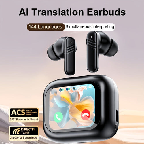 Écouteurs de traduction IA intra-auriculaires avec boîtier de recharge à écran couleur