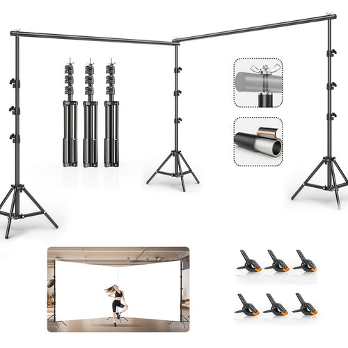 20 x 10 ft Iron Backdrop Stand Kit, 3 Tripods, 2 Crossbars, 6 Clamps
