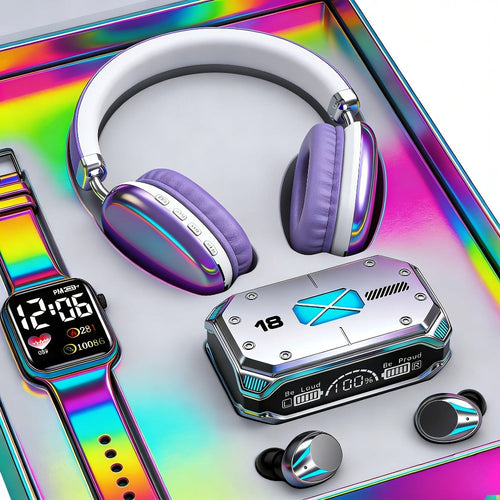 3-Piece Audio Gift Set: Bluetooth Headphones, Wireless Earbuds and Watch