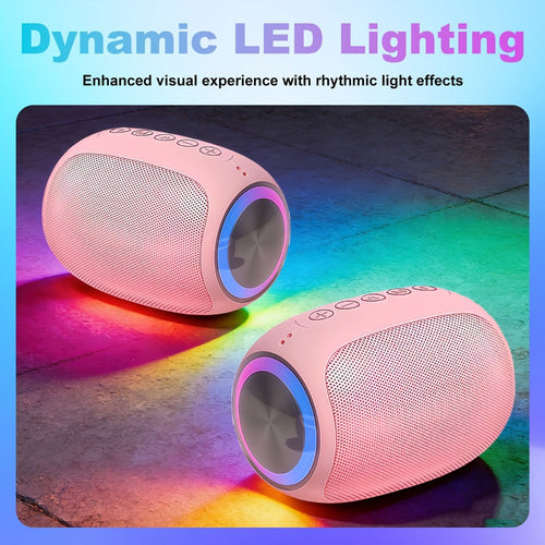 Pink Portable Bluetooth Speaker, Dual Speakers, Colourful LED Lights