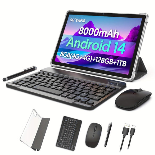 Tablette Android 14 de 10 ou 11 po, 8 Go de RAM au total, 128 Go, 8000 mAh