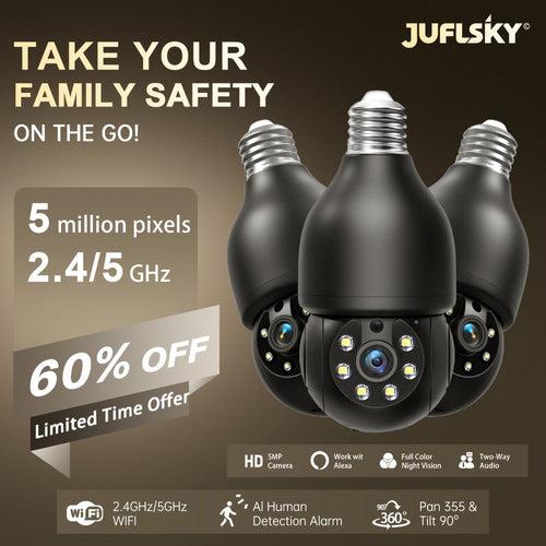 5MP Light-Bulb Security Camera, Dual-Band Wi-Fi, 360° Pan-Tilt, Color Night Vision