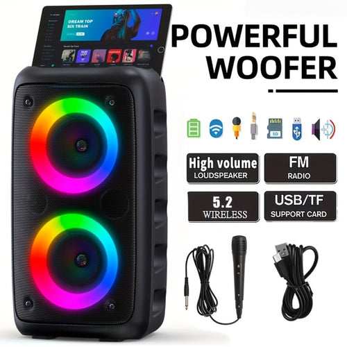 Portable Bluetooth 5.2 Karaoke Speaker with Mic, RGB Lights, USB, TF and FM