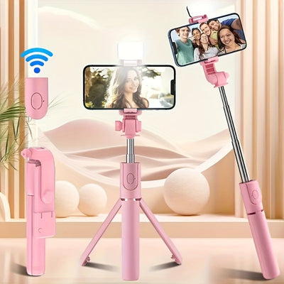 27-Inch Compact Selfie Stick Tripod with Built-In Light, Rotating Clamp and Remote