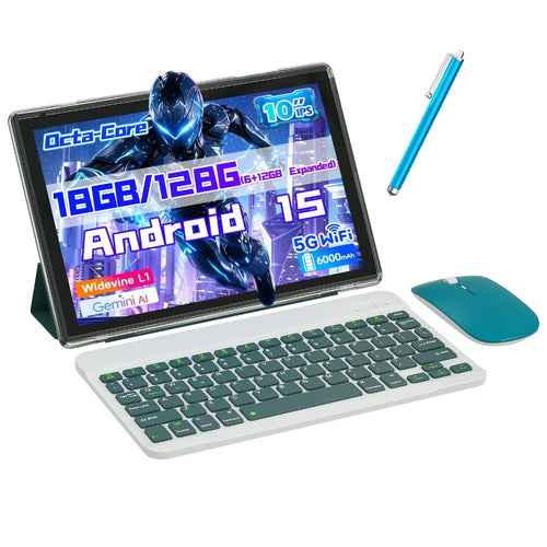 10.1-Inch Android 15 Tablet, 18GB Memory, 128GB, Dual-Band Wi-Fi, Keyboard Sets