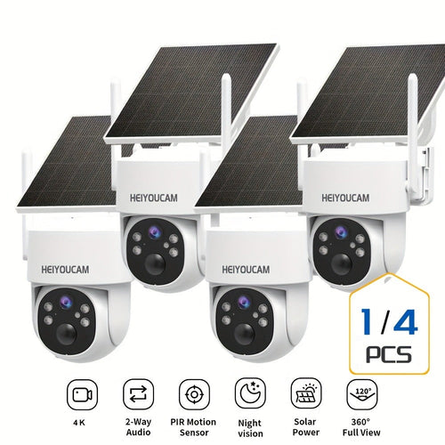 Caméra de sécurité solaire PTZ 4K sans fil, rotation 360°, détection PIR et vision couleur