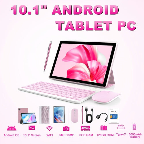 10.1-Inch 2-in-1 Android Tablet with Keyboard and Mouse, 6GB RAM, 128GB, HD IPS