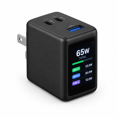 Chargeur GaN 65 W à 3 ports (2 USB-C + USB-A) avec écran couleur de puissance